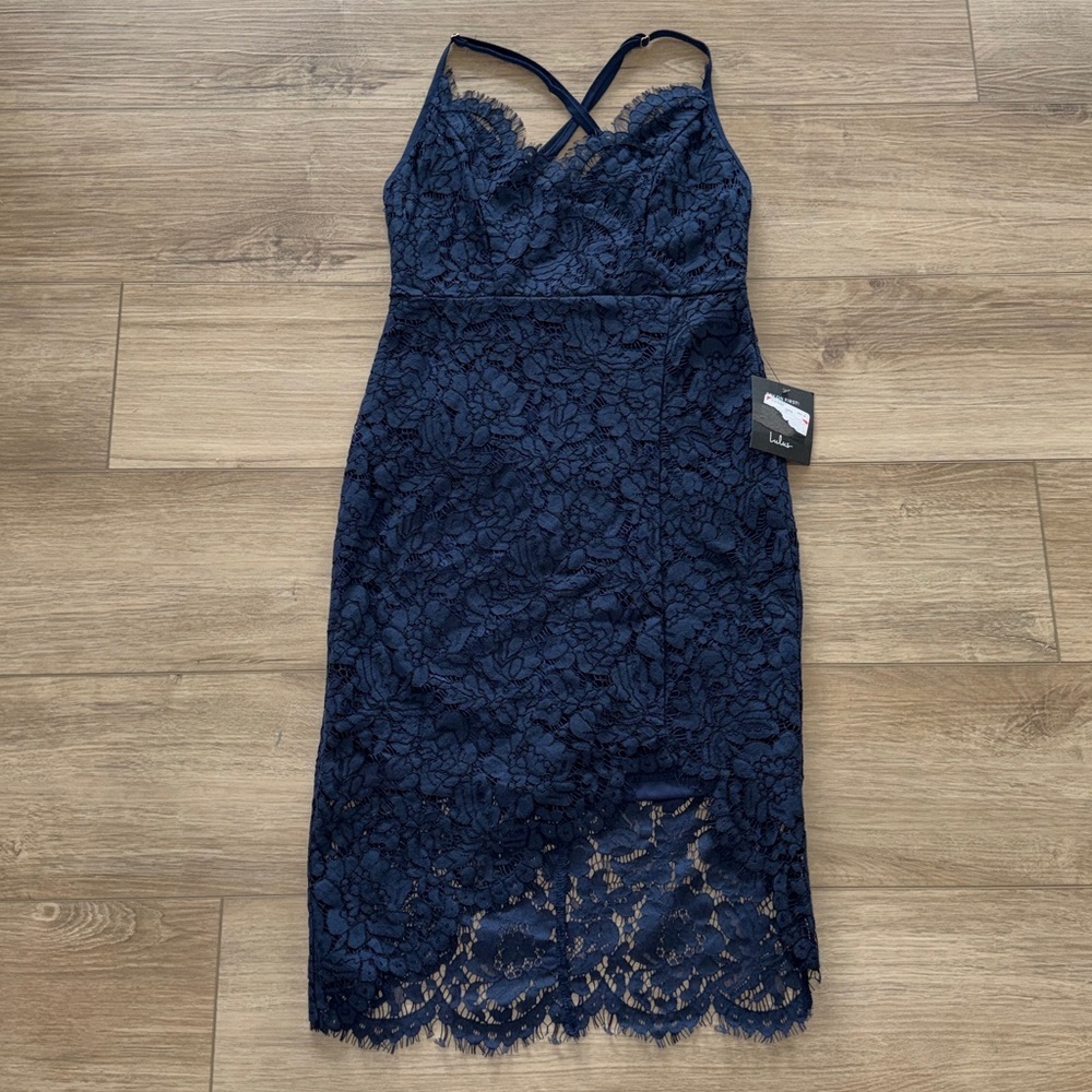 Lulus Flirting with Desire Navy Blue Lace Bodycon Dress size small NWT - Picture 4 of 7